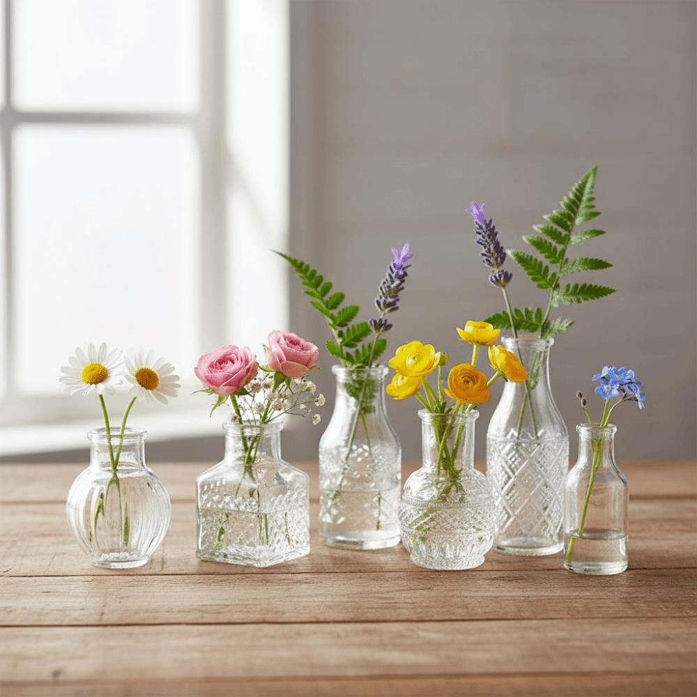 10PCS/SET Retro Relief Mini Glass Vase Crystal Clear Flower Vase Small Vase Set  Desktop Ornament