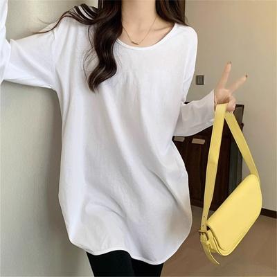 White U-neck Long Sleeve Loose Mid-length Base Shirt for Women with Spring and Autumn Pure Cotton Slit Body Cover Butt Top