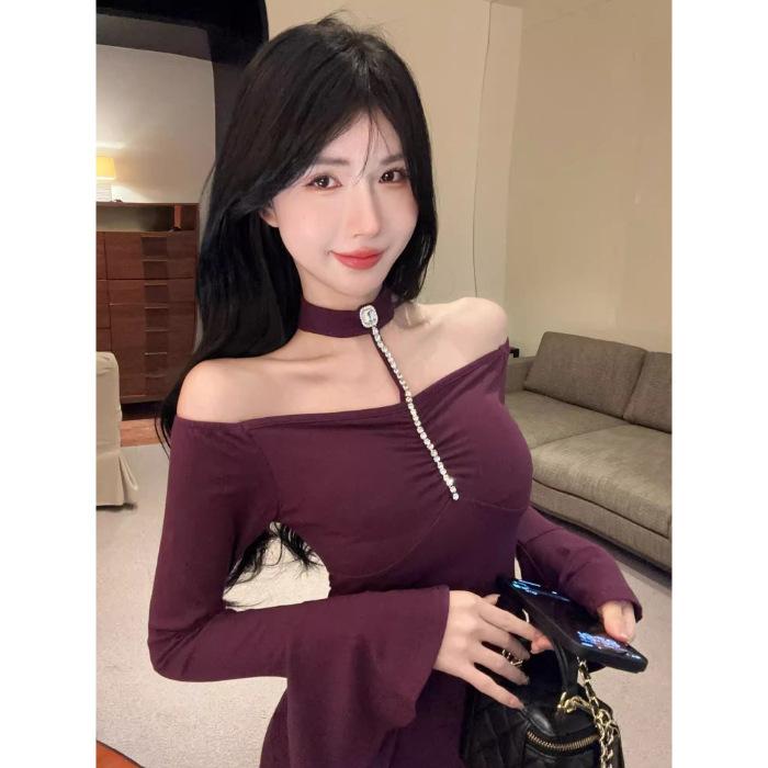 

French niche diagonal neck flared sleeve dress women s autumn new design sense slim and thin pleated skirt S фиолетовый