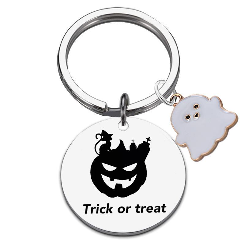 Halloween Gift Pendant Keychain Stainless Steel Laser Engraved Round Tag Hanging Ornament Stainless Steel Keychain for Backpack Bag Pendant