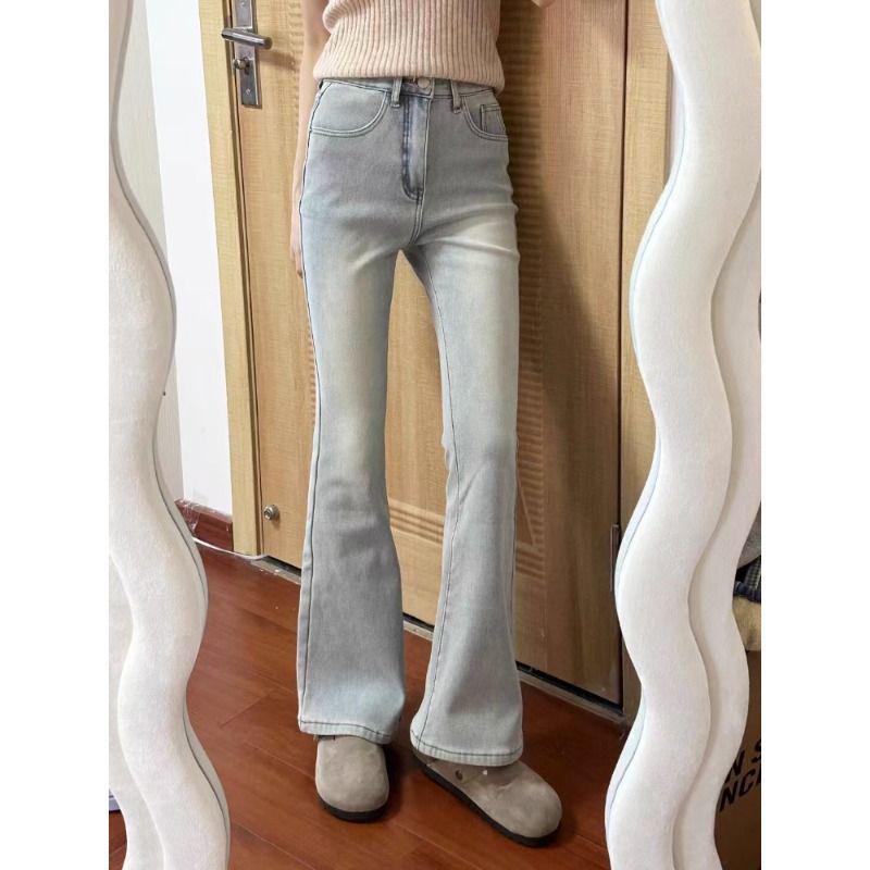 Light Wash Plus Velvet High-Waisted Petite Flare Jeans for Women - Winter Plus Size, Chubby Girls' Hip-Covering Elastic Pants