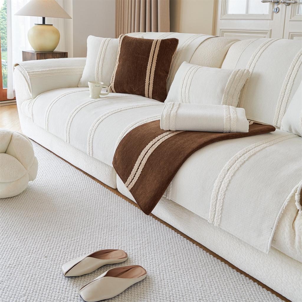 Uproszczony Paski Polar Dekor Chenille Pokrowiec na Sofę Antypoślizgowy Pokrowiec na Poduszkę Kanapową do Salonu Ręcznik na Sofę na Cztery Sezony