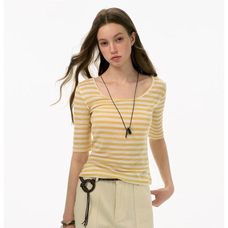 ICH MODE Lyocell Striped Mid-Sleeve Cool-Touch T-Shirt for Women M/L