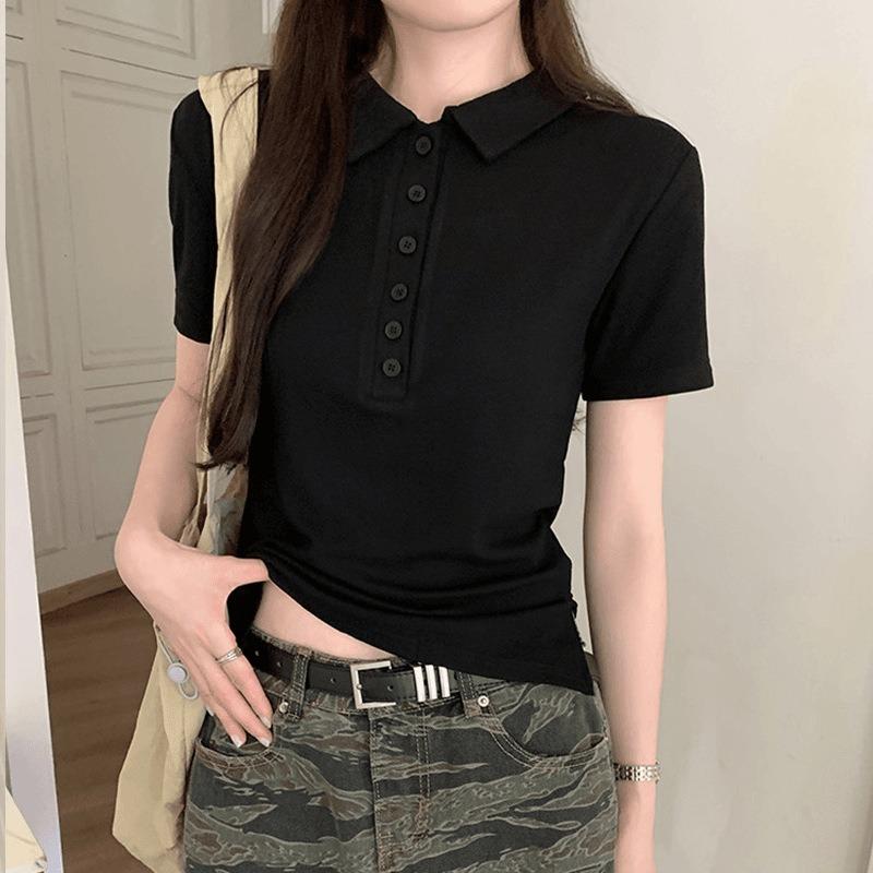 

Collar Design Short-sleeved Shirt Women s Summer New Slim-fitting and Thin Versatile Temperament Top Shirt S чёрный