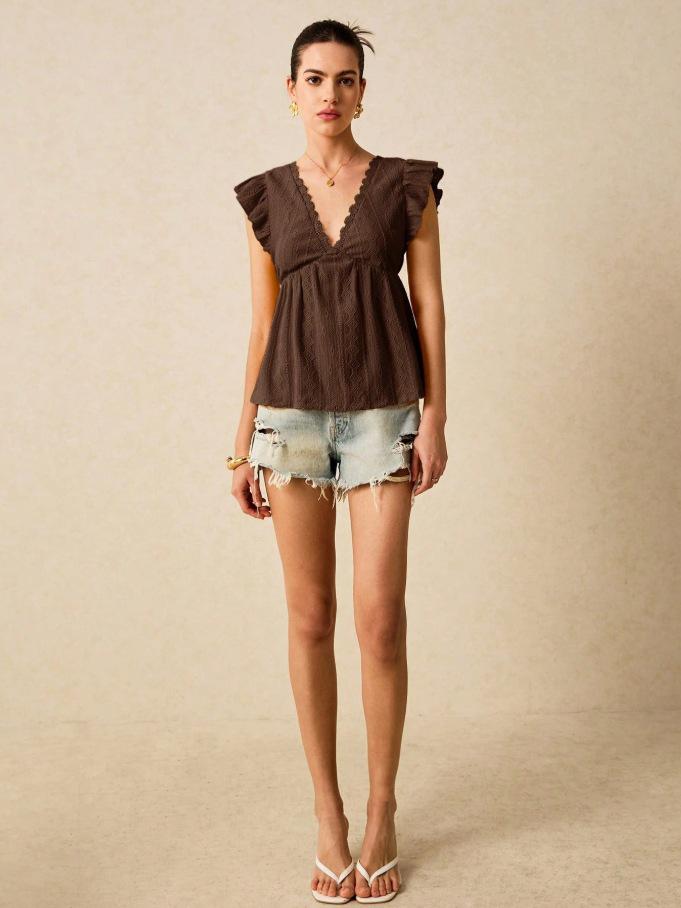 2025 European-American Women's Spring/Summer V-Neck Ruffle Lace Top