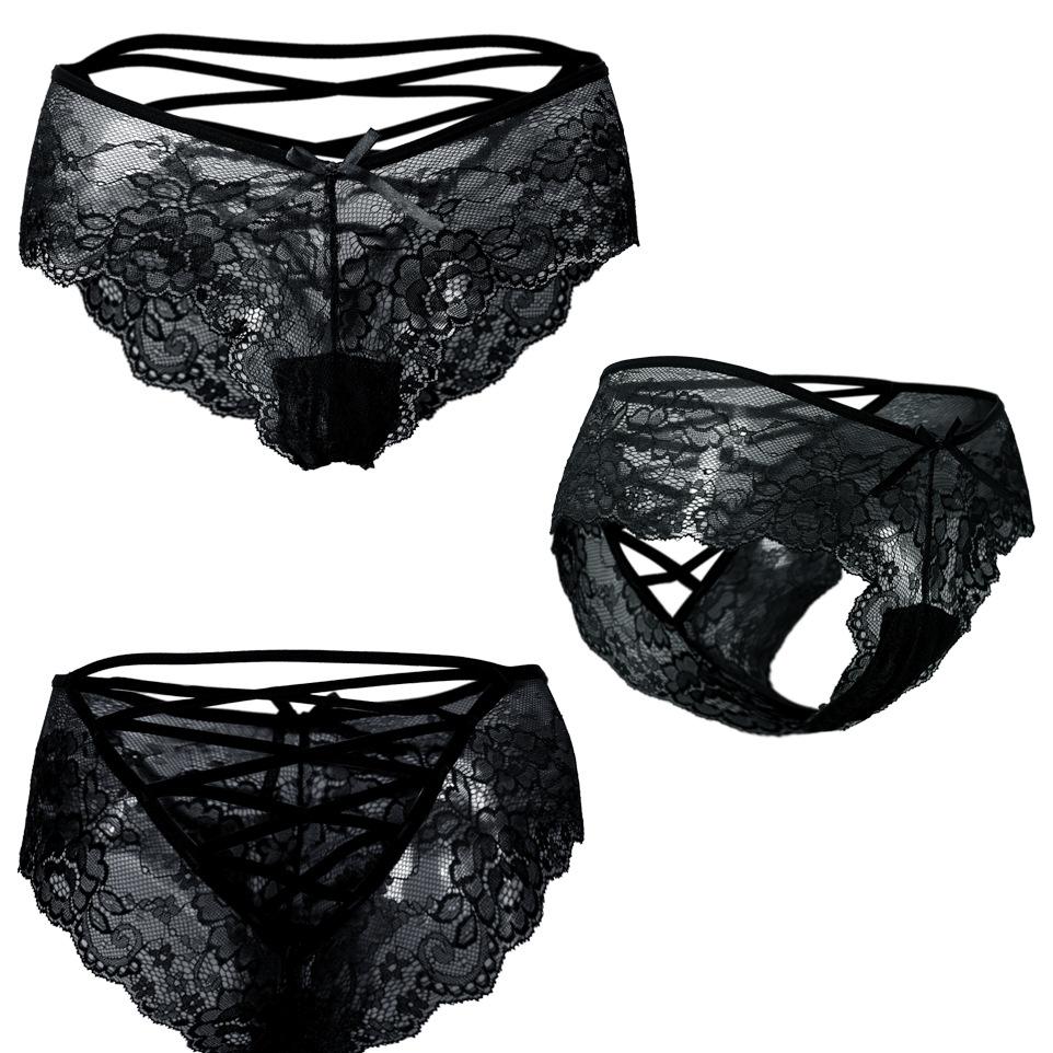 Pure Desire French Lace Edge Bow Panties Women Hollowed Out Underwear Comfortable Sexy Cross Thin Belt Women Briefs