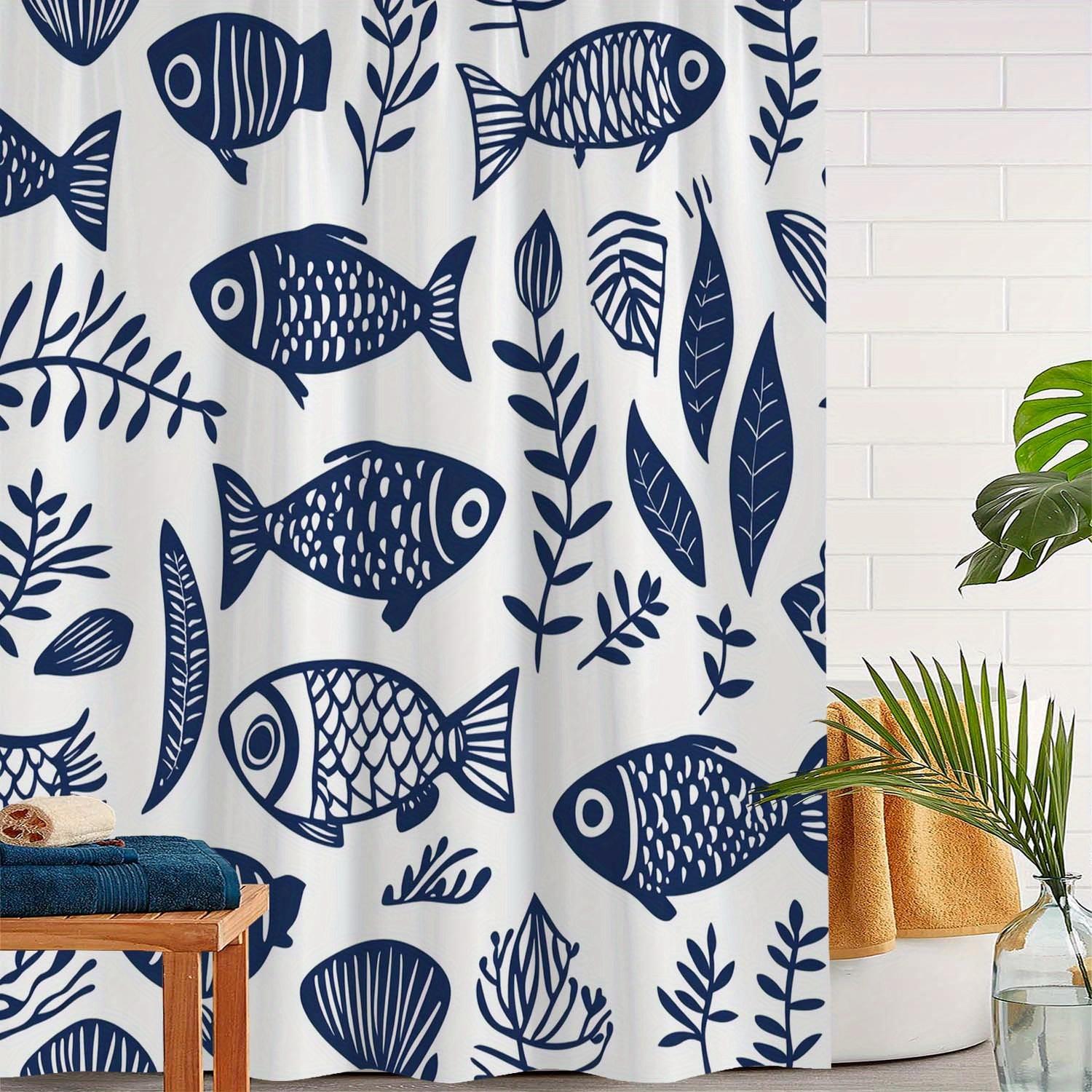 

Elegant Navy Blue Fish And Plant Print Shower Curtain, Perfect For Bathroom Decor, Bathroom Curtains|Artistic Shower Curtain W60H190(CM)-1 Pcs
