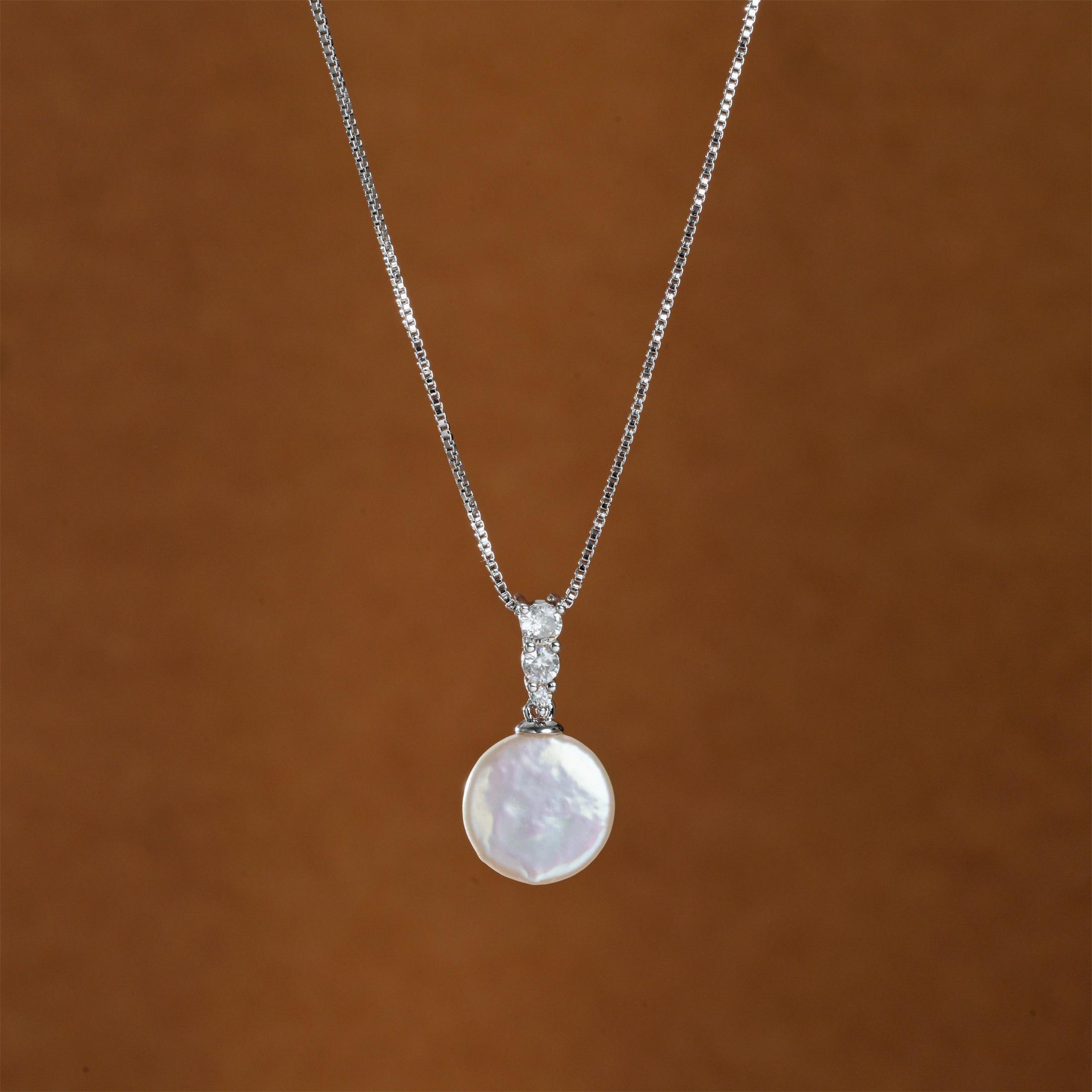 HENGSHENG Simple 10-12mm Freshwater Button Shape White Pearl 925 Sterling Silver Pendant Necklace For Women Girls Jewelry белый