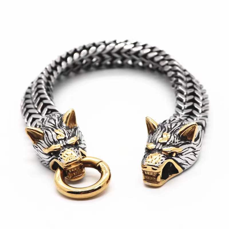 Mitología Nórdica Acero de Titanio Pulsera Cabeza de Lobo Vikingo - Joyería Vintage para Hombre que no se Desvanece