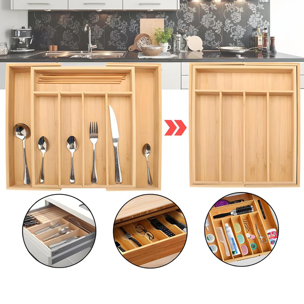 Cutlery and jewelry organizer insert for kitchen drawer, bamboo container