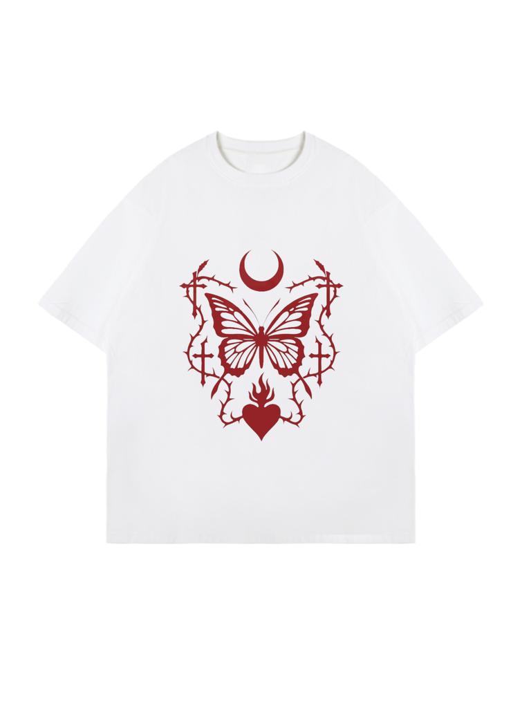 Black Oversized T Shirt With Red Butterfly Moon And Heart Print For Casual Wear