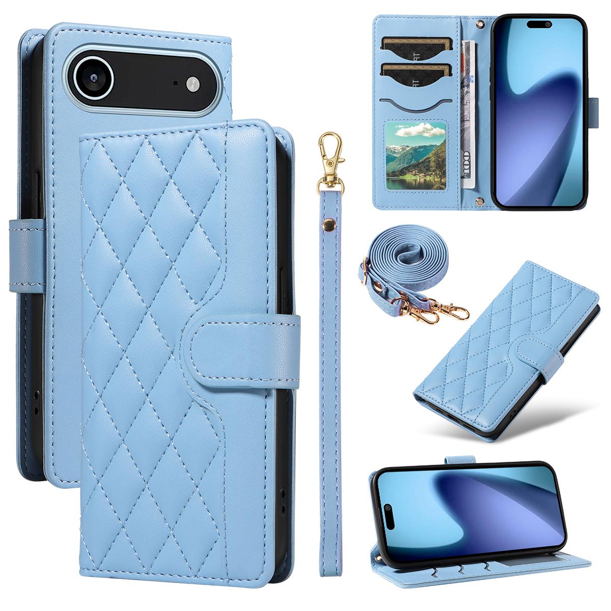 

For iPhone 17 Air Wallet Case Rhombus Leather Phone Cover with Strap Blue