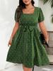 GIBSIE Große Größen Quadratischer Ausschnitt Gepunktetes Gürtelkleid Damen Elegant Retro Puffärmel Hohe Taille Sommer A-Linie Großer Schwung Kleider