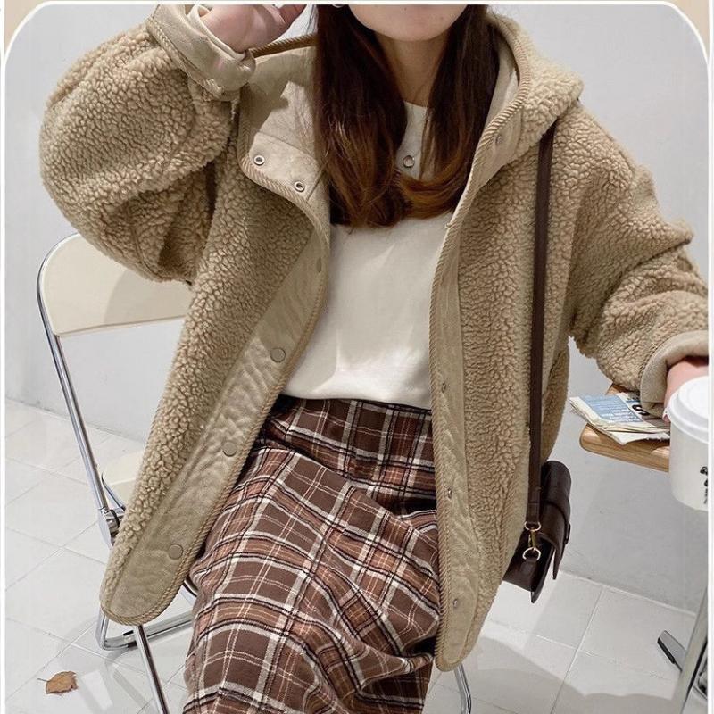 Winter Lamb Plush Thick Hooded New Women's Clothing Korean Version Loose Fit Button Trend Simplicity All-match Pocket Chic Coats