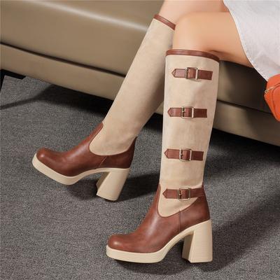 Fashion Women Boots Autumn Winter Long Tube Knight Booties Buckle Punk Gothic Classic Black ArmyGreen Platform High Heel Shoes Knee-High