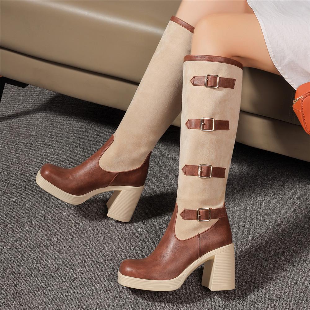 Fashion Women Boots Autumn Winter Long Tube Knight Booties Buckle Punk Gothic Classic Black ArmyGreen Platform High Heel Shoes Knee-High