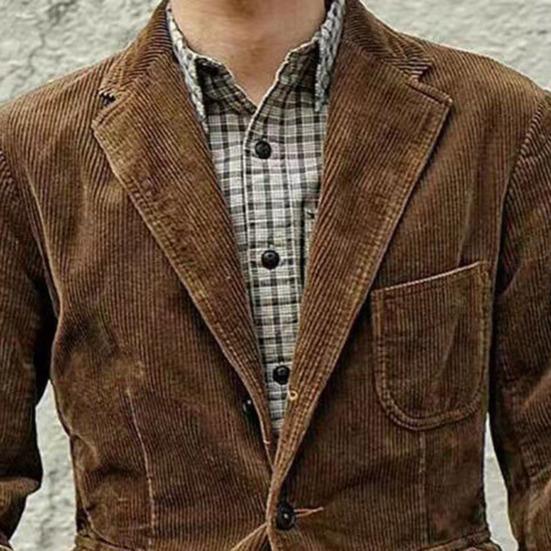 Long Sleeve Flap Pockets Single Breasted Men Jacket Autumn Winter Corduroy Lapel Office Suit Jacket