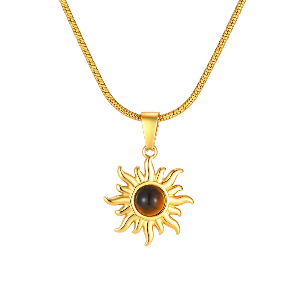 Accessories, Natural Tiger'S Eye Sun Pendant Necklace, Stainless Steel Retro Women'S Necklace 2285