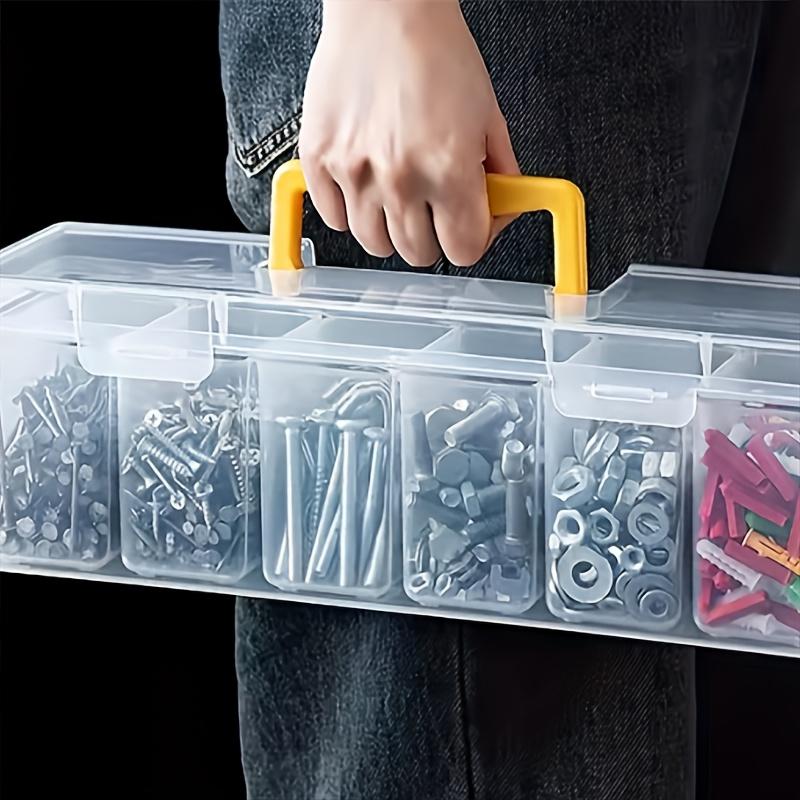 7Pcs Portable Tool Storage Box, Clear Plastic Parts Organizer with 6 Removable Bins, Heavy Duty Hardware Case for Screws Nails