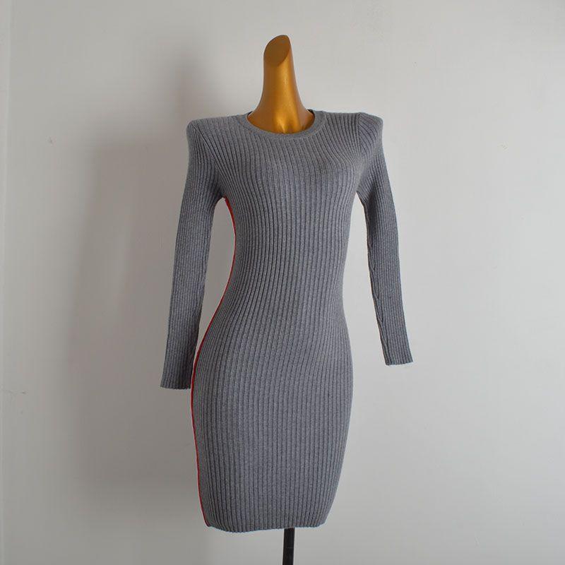 

Spring and Autumn New round Neck Long Sleeves Knitting Dress Women s Clothing Silm Slim Looking Mid Length Long Length Bottoming Hip Skirt Grey All yards
