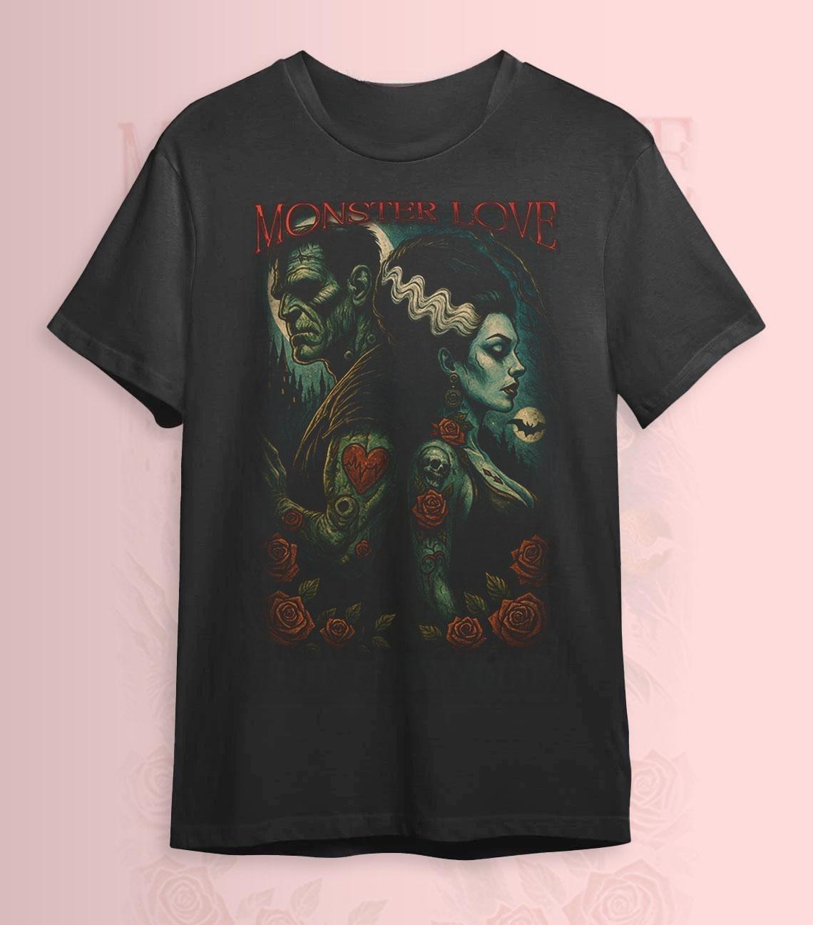 Monster Frankenstein and Bride Tshirt Gothic Horror Pattern Tshirt with Printed Design Gift for Fans S