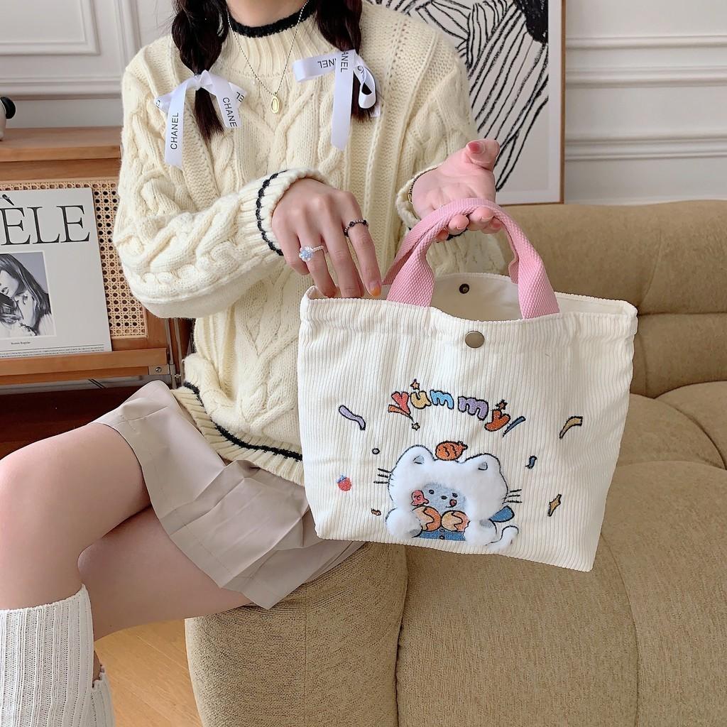 Spacious Corduroy Handbag With Cute Cartoon Embroidery Ideal For Everyday Use