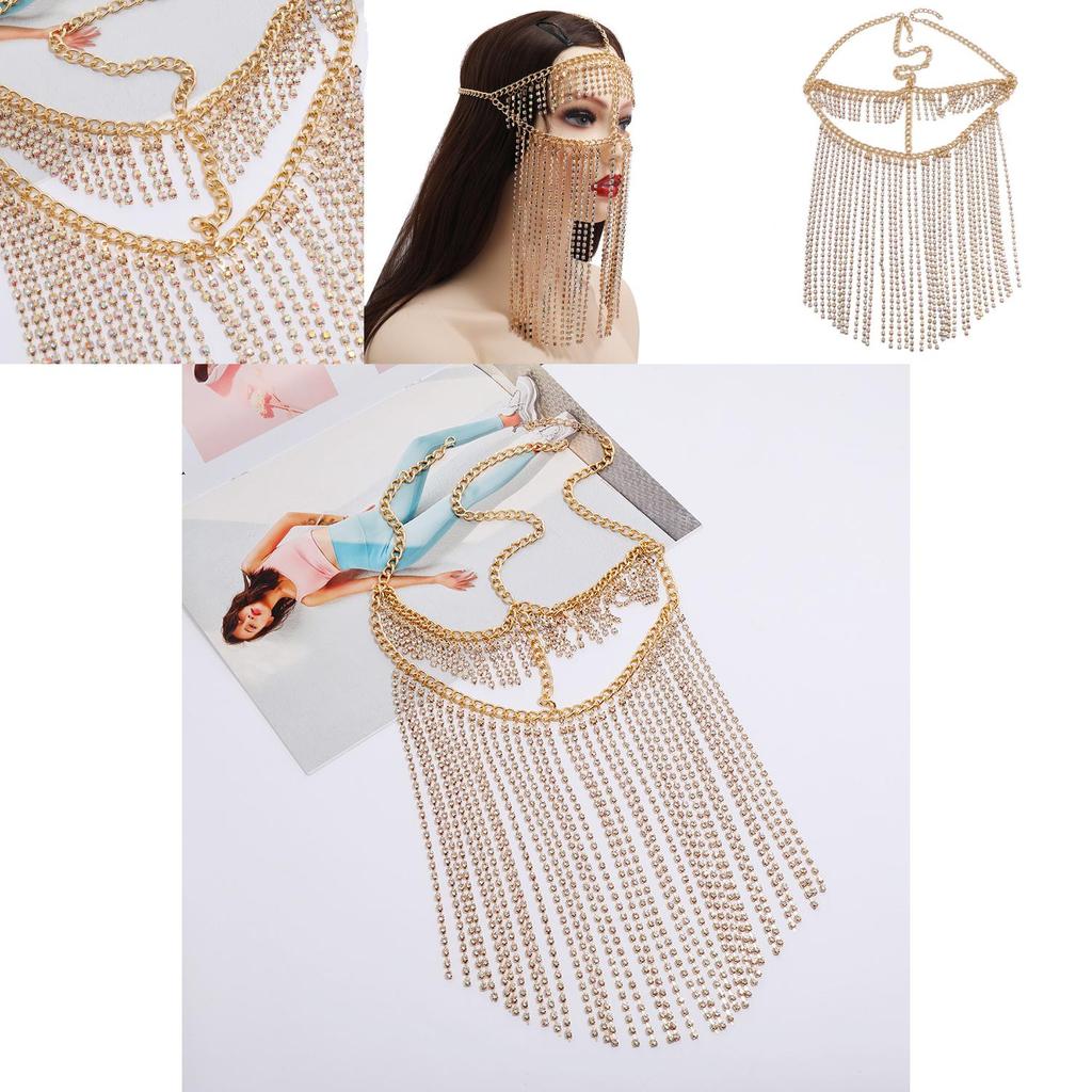 Fashion Rhinestone Decoration With Tassel Design Women Headwear Face Curtain For Nightclub Party And Performance