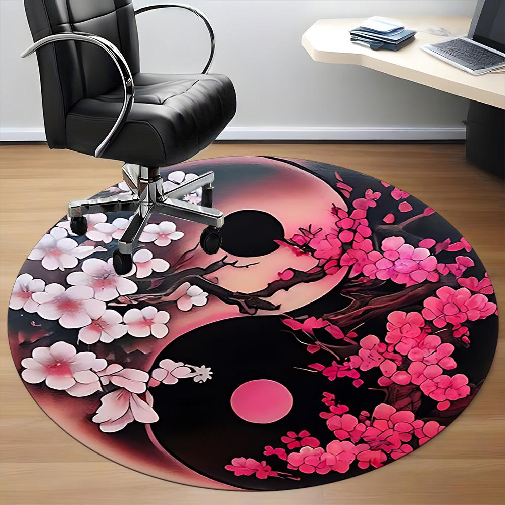 1PC Cherry Blossom Yin Yang Office Round Rug, Non slip, Soft and Durable Office Rug for Interior Decoration, Perfect for Office