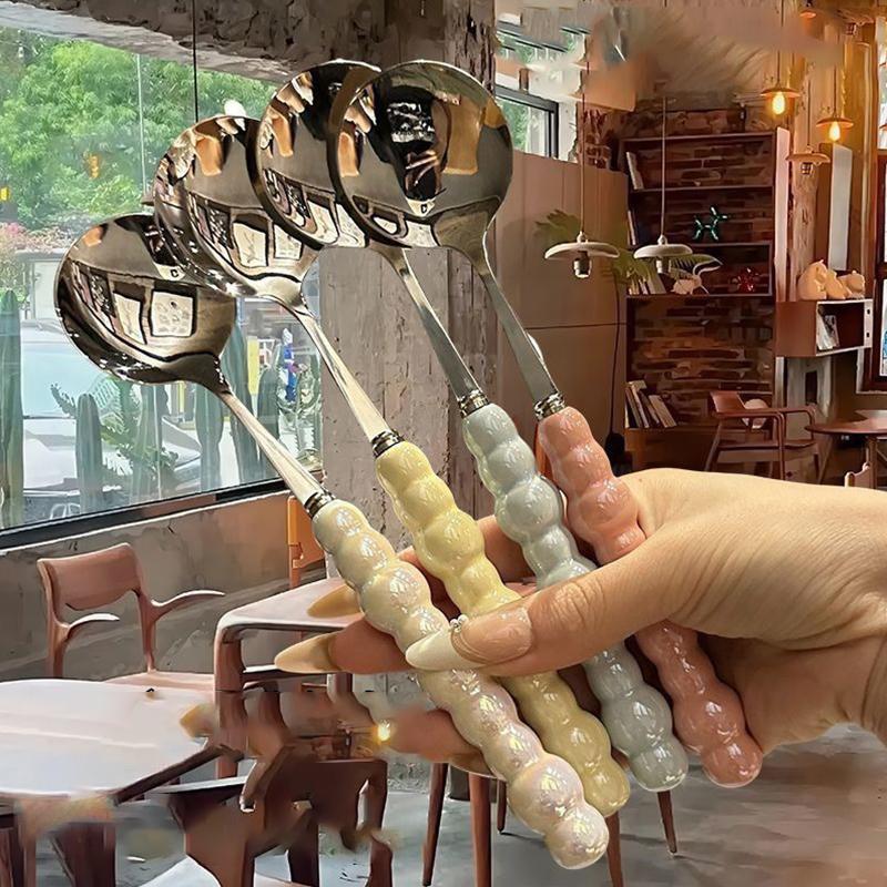 Stainless Steel Round Spoon Net Red Golden Dinner Long Handle Stirring Dessert Spoons For Kitchen Accessories Gadgets