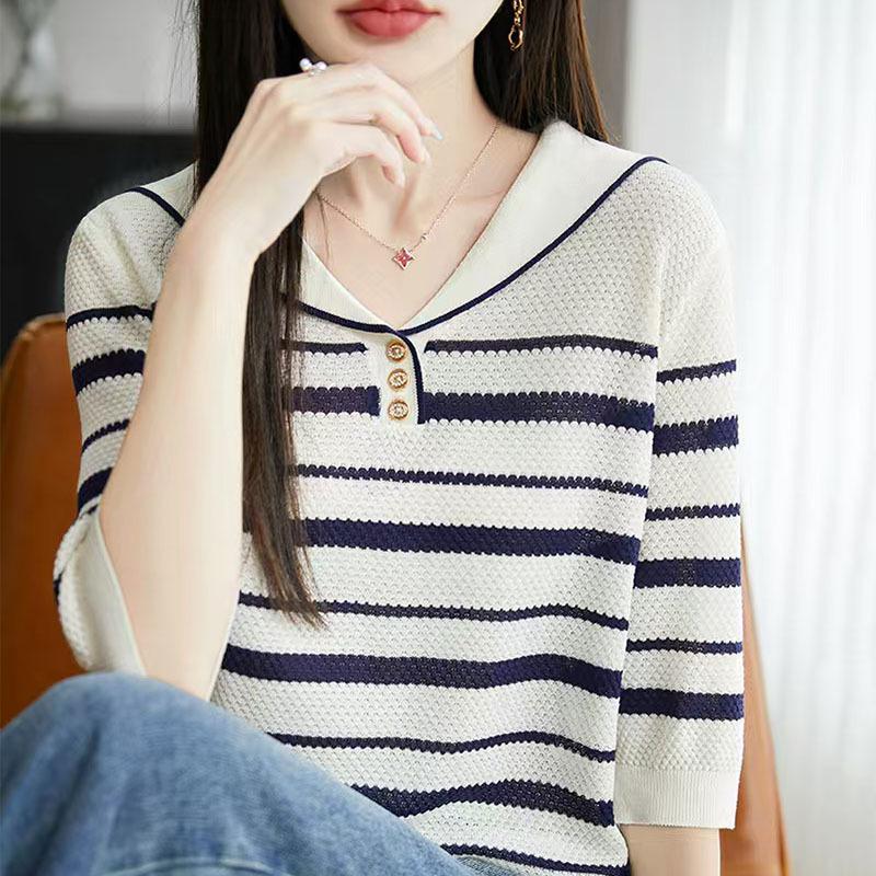 

Spring and Summer New Pineapple Needle Navy Neck Knitted Sweater, Short-sleeved Striped Pullover Base Layer M білий
