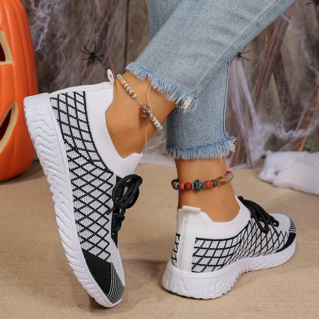 Fashion Women's Casual Knitted Fashion Sneakers, Geometric Patterns, Low-top Loafers, Round Head, All-season Comfort