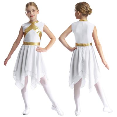 Girls Liturgical Praise Dance Dress Metallic Contrast Color Patchwork Sleeveless Asymmetrical Hem Dresses