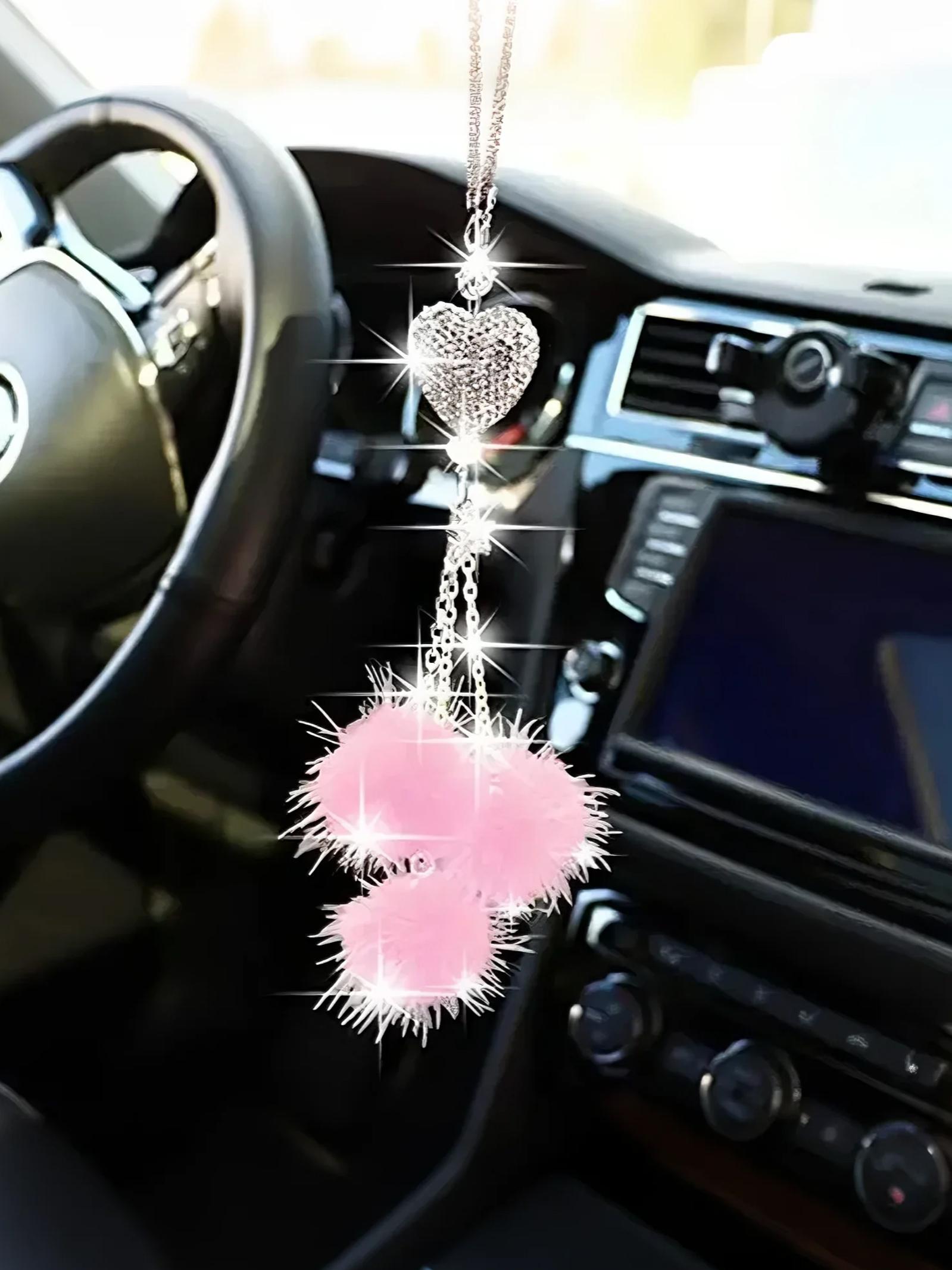 

Shiny Heart-shaped Rhinestone & Pom-pom Car Decoration – Easy to install, a warm gift choice for women. розовый