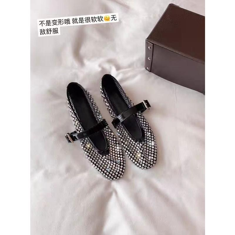 

Niche round head mesh one-word buckle with shallow mouth Mary Jane single shoes summer rhinestone flats breathable mesh women s shoes 35