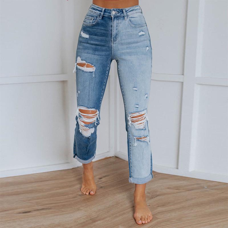 

2025 Spring Women s Gradient Water-Washed Ripped Jeans - European & American Style, Straight Leg Long Pants Medium синий
