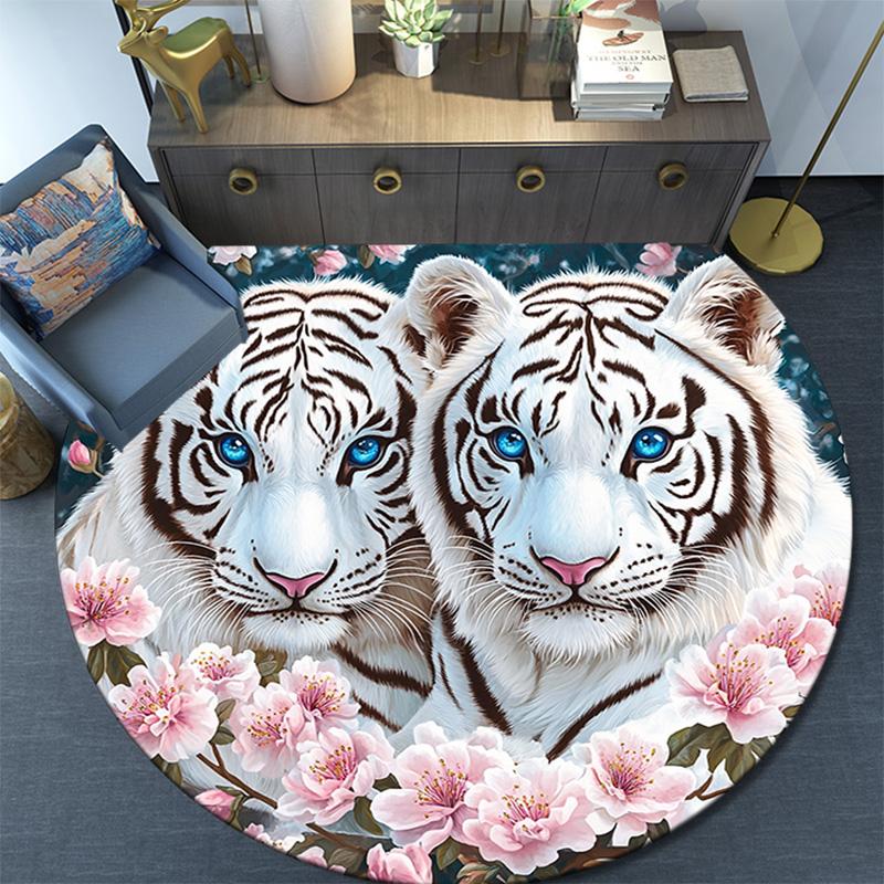 White Tiger Round Area Rug,Carpet Rug for Living Room Bedroom Sofa Playroom Decor,Non-slip Floor Mat