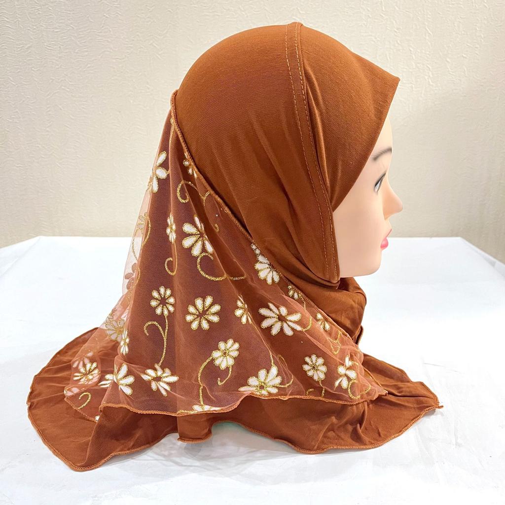 Fashion Instant Hijab Headscarf Fit 2-6 Years Old Girls Muslim Hijab Hat Islamic Headscarf Embroidery Full Cover Turban Caps