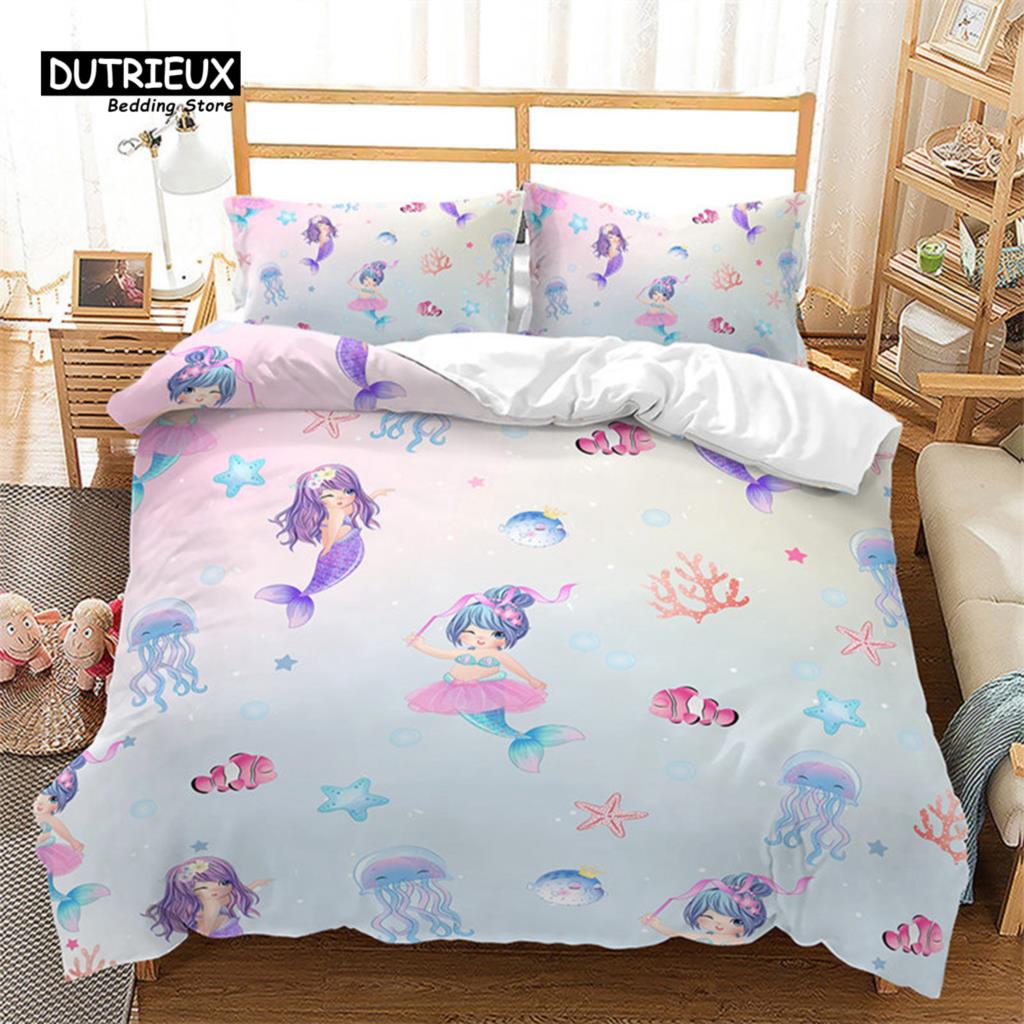 

Мультяшный пододеяльник, пододеяльник с русалкой, микрофибра, комплект постельного белья с единорогом и животными, размер кинг для детей, девочек, подростков, кавайный декор для спальни EU single(135x200cm)