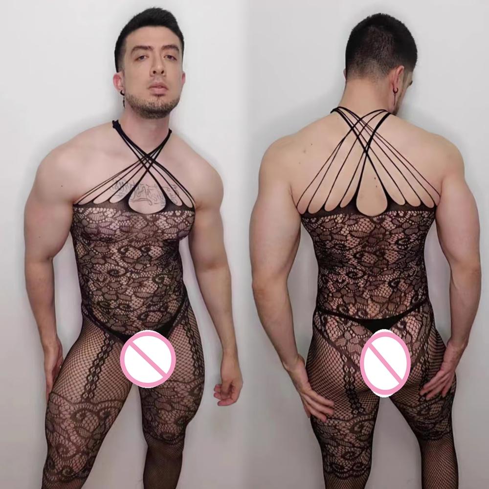 Men'S Sexy Underwear One-Piece Fishnet Full Body Stockings Gay Erotic Mesh Perspective Tight Lingerie Sissy Clothes Nightdress