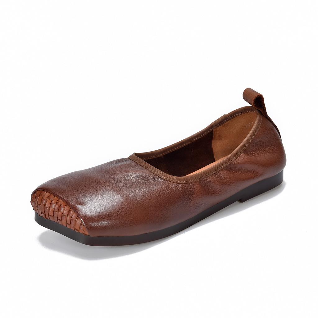 Johnature Retro Flache Schuhe mit weicher Sohle Eckige Spitze Echtes Leder Vielseitige Damen Slipper