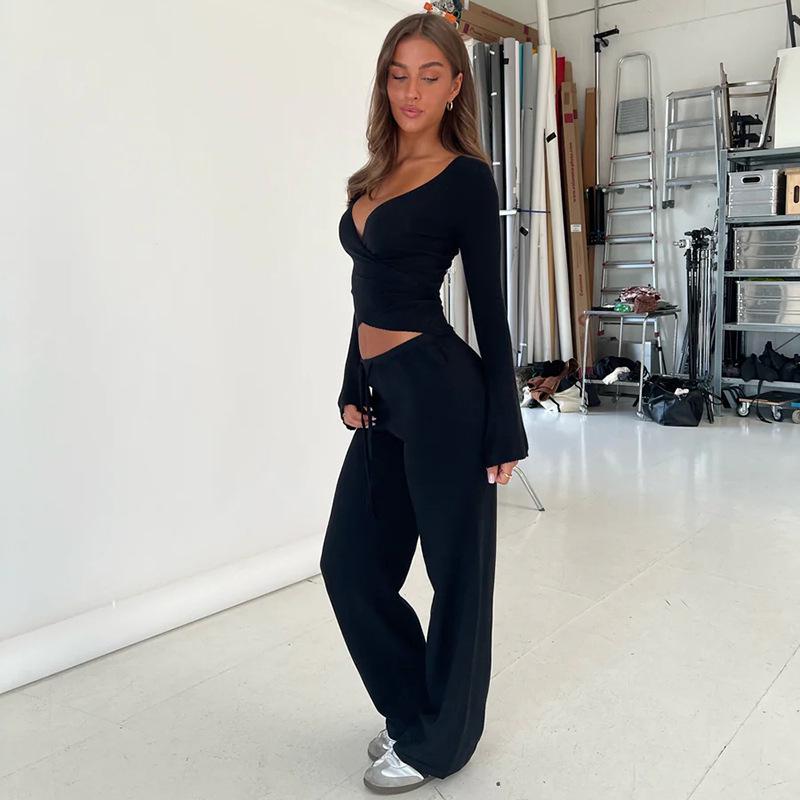 Frühling 2025 Europäisches & Amerikanisches V-Ausschnitt Langarm Top und Hosen Set: Modische, lässige Damenbekleidung