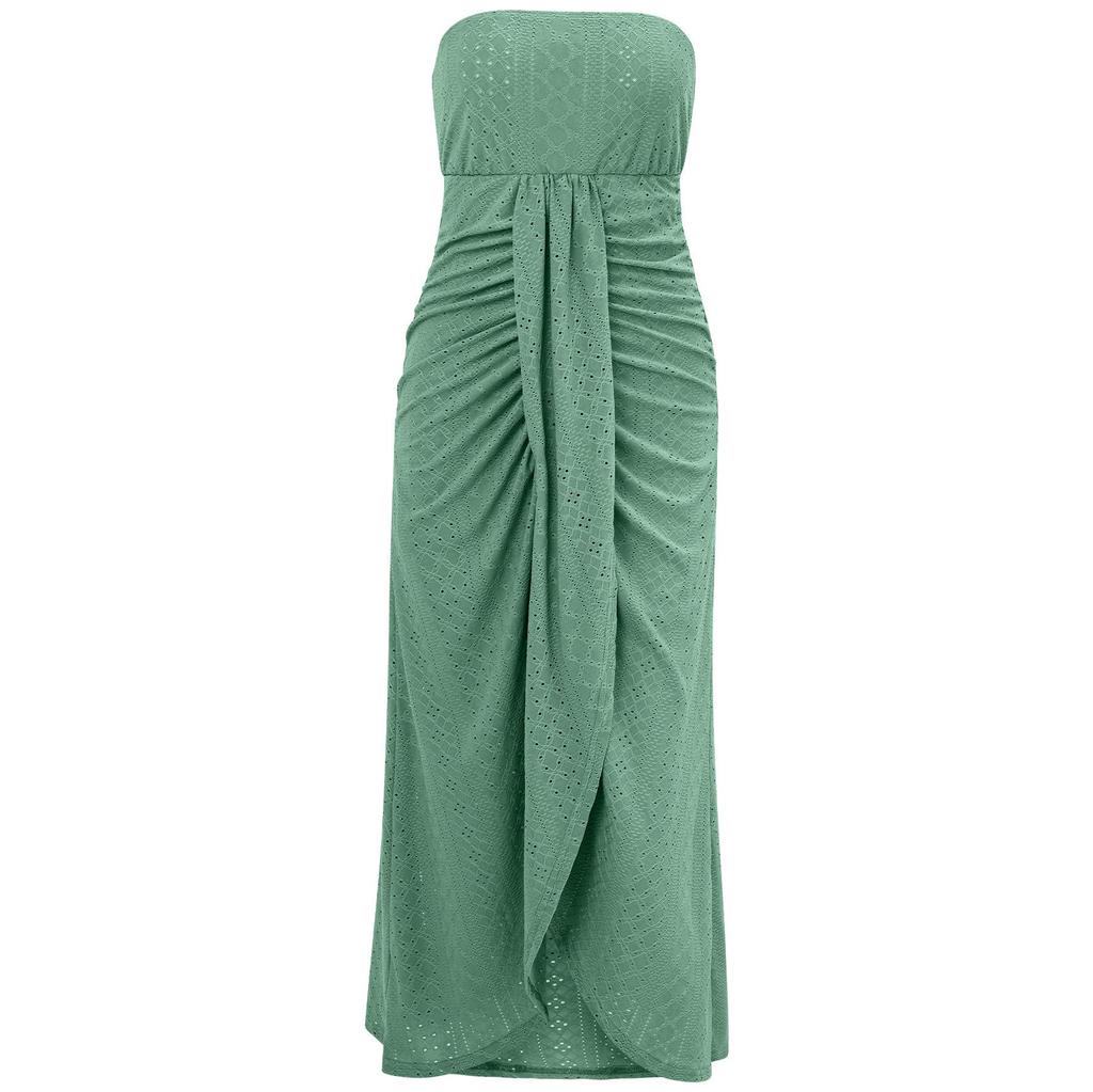 Women Spring Solid Color Sleeveless Knitted Strapless Dress Summer Casual A-Line High Waist Slim Long Dresses S-XL