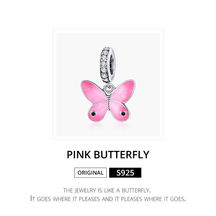 WOSTU Enamel Pink Butterfly 925 Sterling Silver Charm Pendant Fit Original Silver Bracelet Girls DIY Jewelry