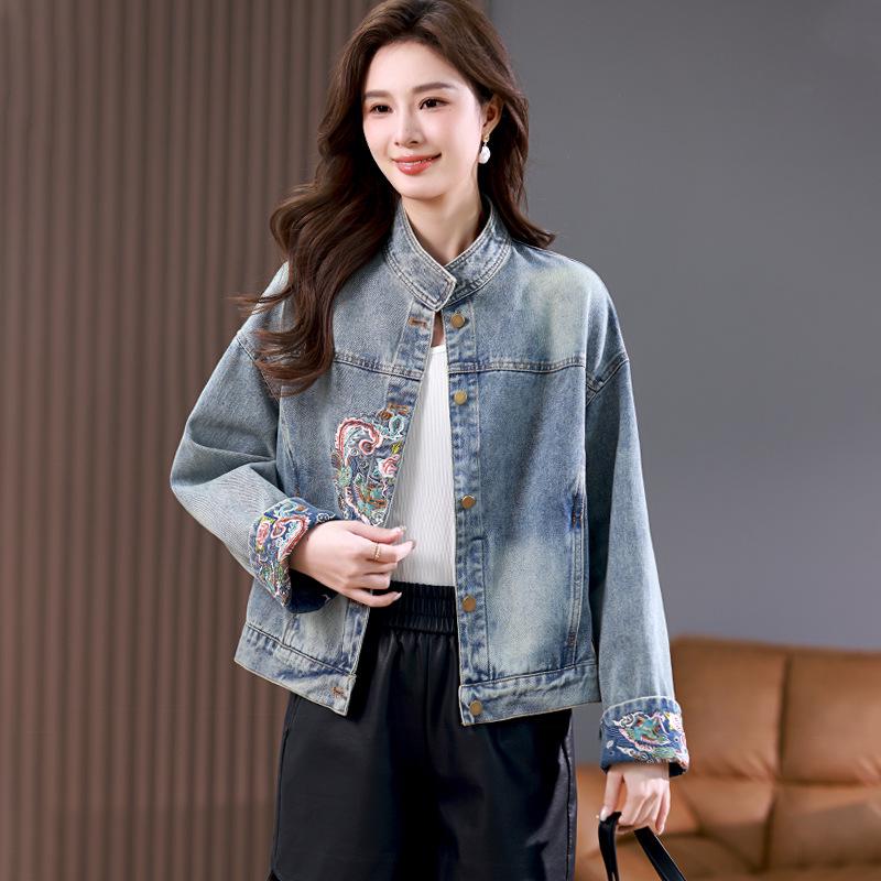 Women's Retro Heavy Embroidery Denim Jacket - 2024 Spring & Autumn Trend, Stand Collar, Chinese Style, Short Design
