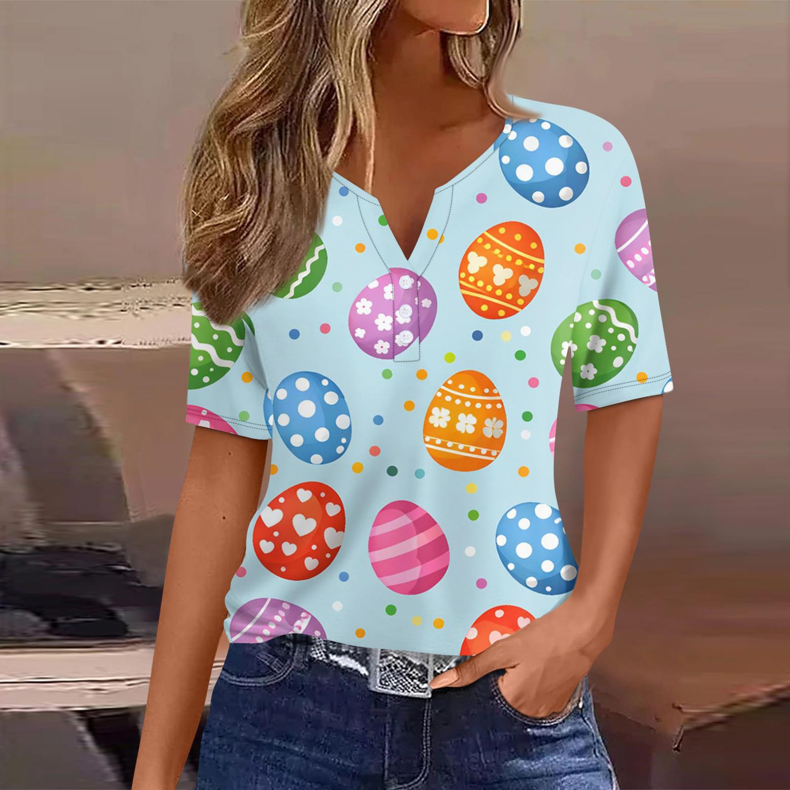 

Женская футболка с принтом на пуговицах, короткий рукав, туника, повседневная мода на выходные, базовый топ с V-образным вырезом XL синий