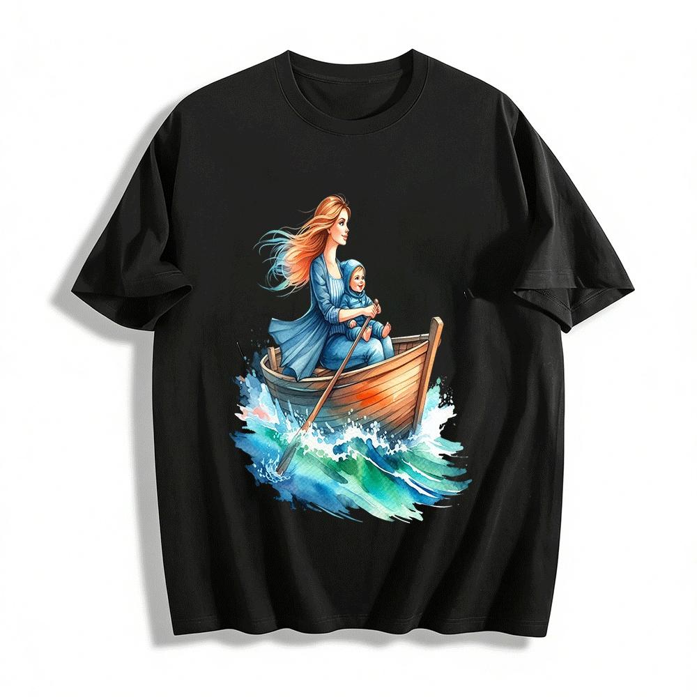 Warm Parent-child Boating Time Printed Casual Top Pure cotton T-shirt XXS