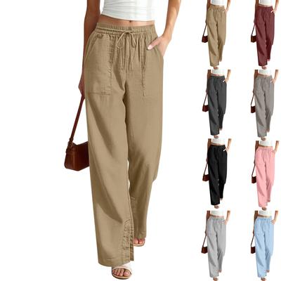 Womens Wide Leg High Waist Loose Fit Elastic Waistband Casual Long Pants Lightweight Straight Trousers for Daily Wear