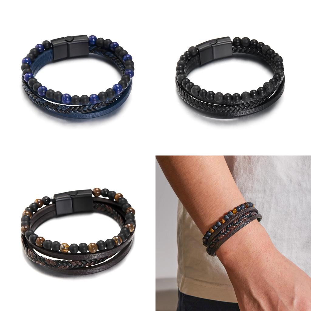Geometric Style Mens Weaving Leather Wristband With Bead Design For Fashion And Travel