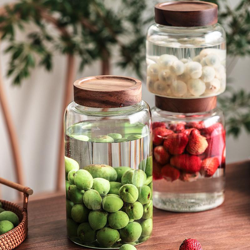 Large Capacity Threaded Glass Jar with Wooden Lid for Storage - Suitable for Green Plum, Grape Infused Wine, Dried Tangerine Peel, and Grains.