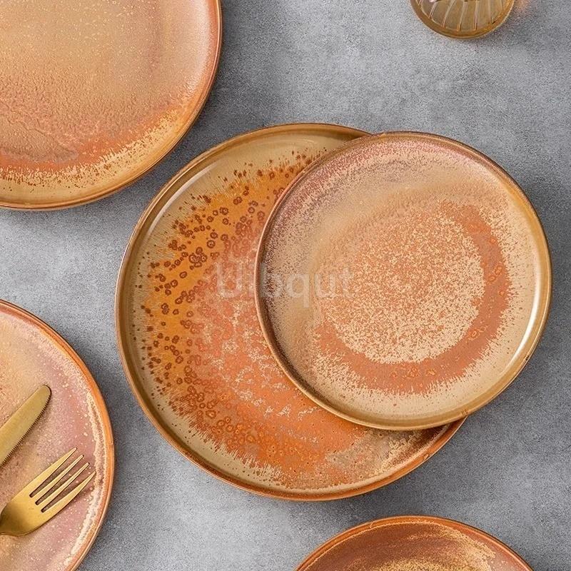 Yellow Ceramic round Vintage dinner Steak Plate Italian Pasta Dessert Salad Artistic Tableware dishes and plates dinner tray